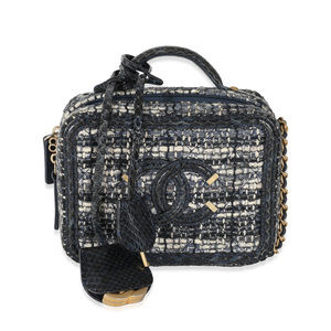 Chanel Navy Tweed Snakeskin Small CC Filigree Vanity Case